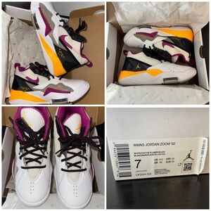 Nike Jordan Zoom 92 in White, Black, and Purple with Orange Accents